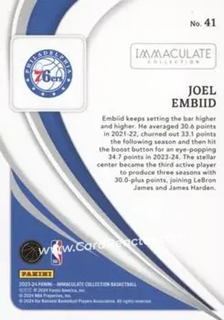 2023-24 Panini Immaculate Collection - Red #41 - Joel Embiid - Philadelphia 76ers - Back
