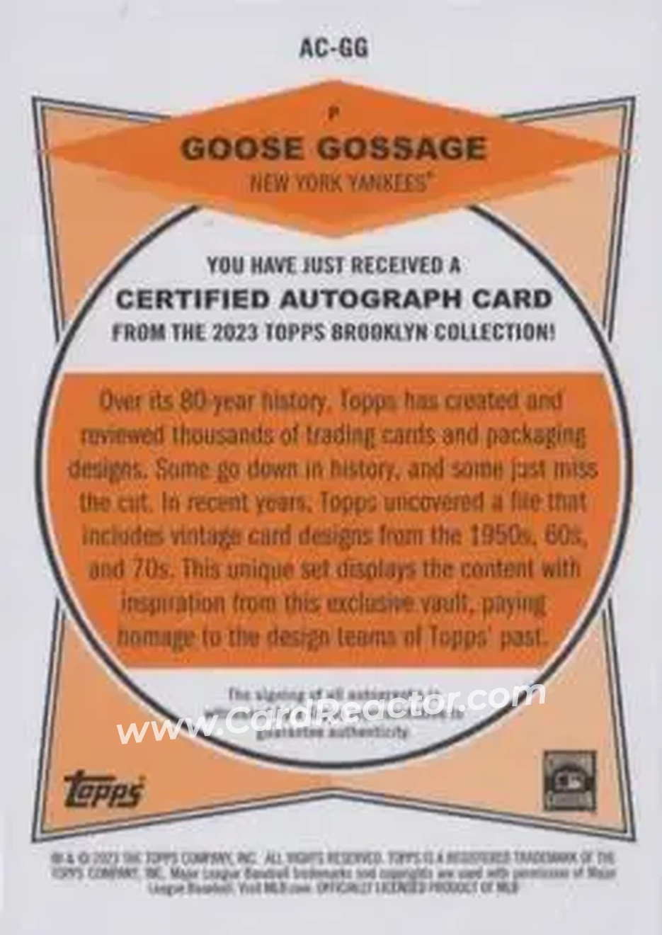 2023 Topps Brooklyn Collection - Autographs #AC-GG - Rich Gossage - New York Yankees - Back 2023 Topps Brooklyn Collection - Autographs #AC-GG - Rich Gossage - New York Yankees - Back