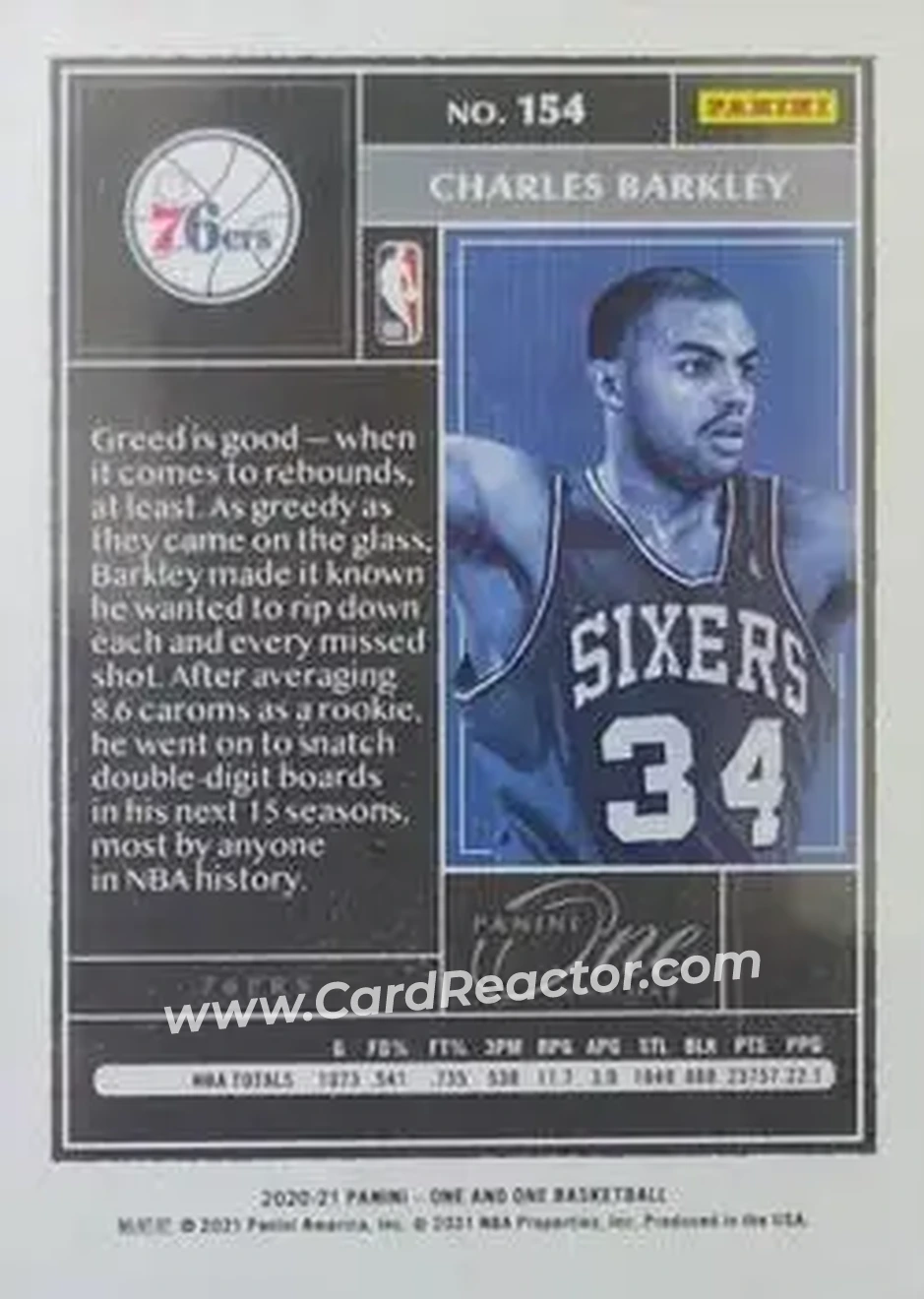 2020-21 Panini One and One - Blue #154 - Charles Barkley - Philadelphia 76ers - Back 2020-21 Panini One and One - Blue #154 - Charles Barkley - Philadelphia 76ers - Back