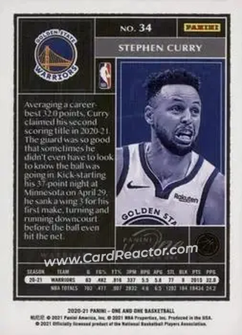 2020-21 Panini One and One - Gold #34 - Stephen Curry - Golden State Warriors - Back