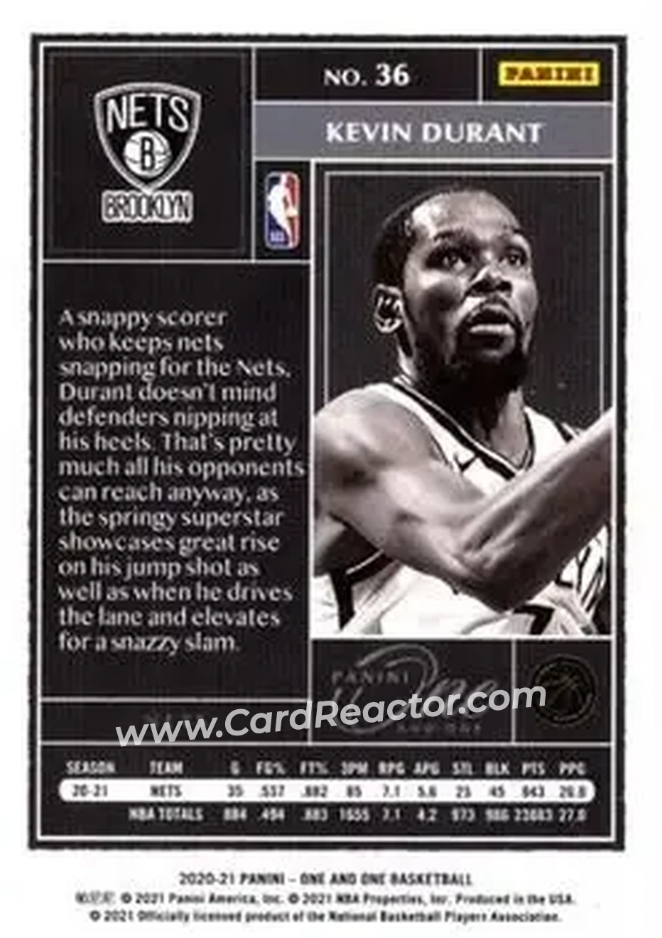 2020-21 Panini One and One - Gold #36 - Kevin Durant - Brooklyn Nets - Back 2020-21 Panini One and One - Gold #36 - Kevin Durant - Brooklyn Nets - Back