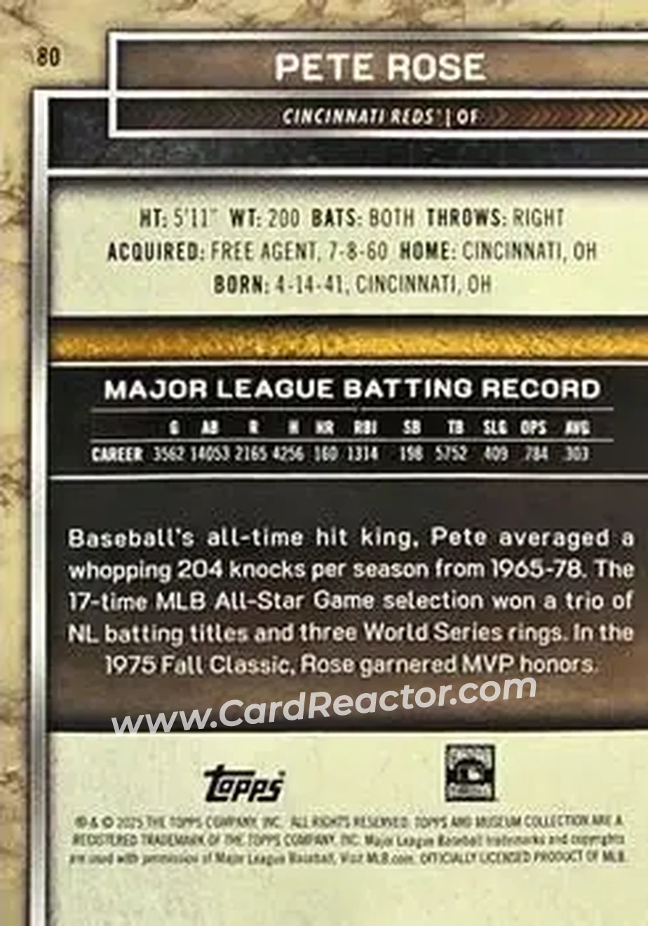 2025 Topps Museum Collection - Pink Sapphire #80 - Pete Rose - Cincinnati Reds - Back 2025 Topps Museum Collection - Pink Sapphire #80 - Pete Rose - Cincinnati Reds - Back
