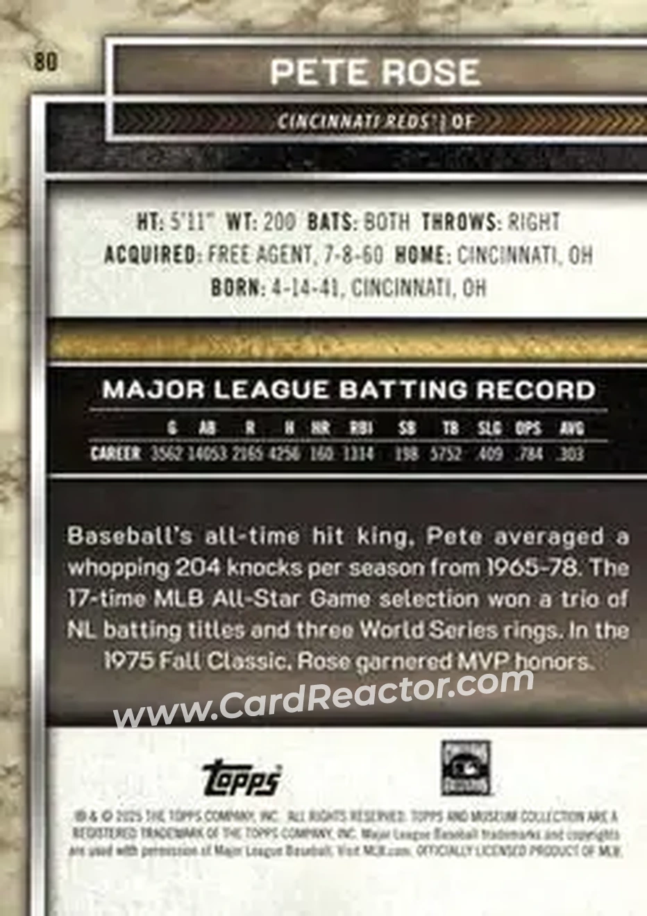 2025 Topps Museum Collection - Gold #80 - Pete Rose - Cincinnati Reds - Back 2025 Topps Museum Collection - Gold #80 - Pete Rose - Cincinnati Reds - Back