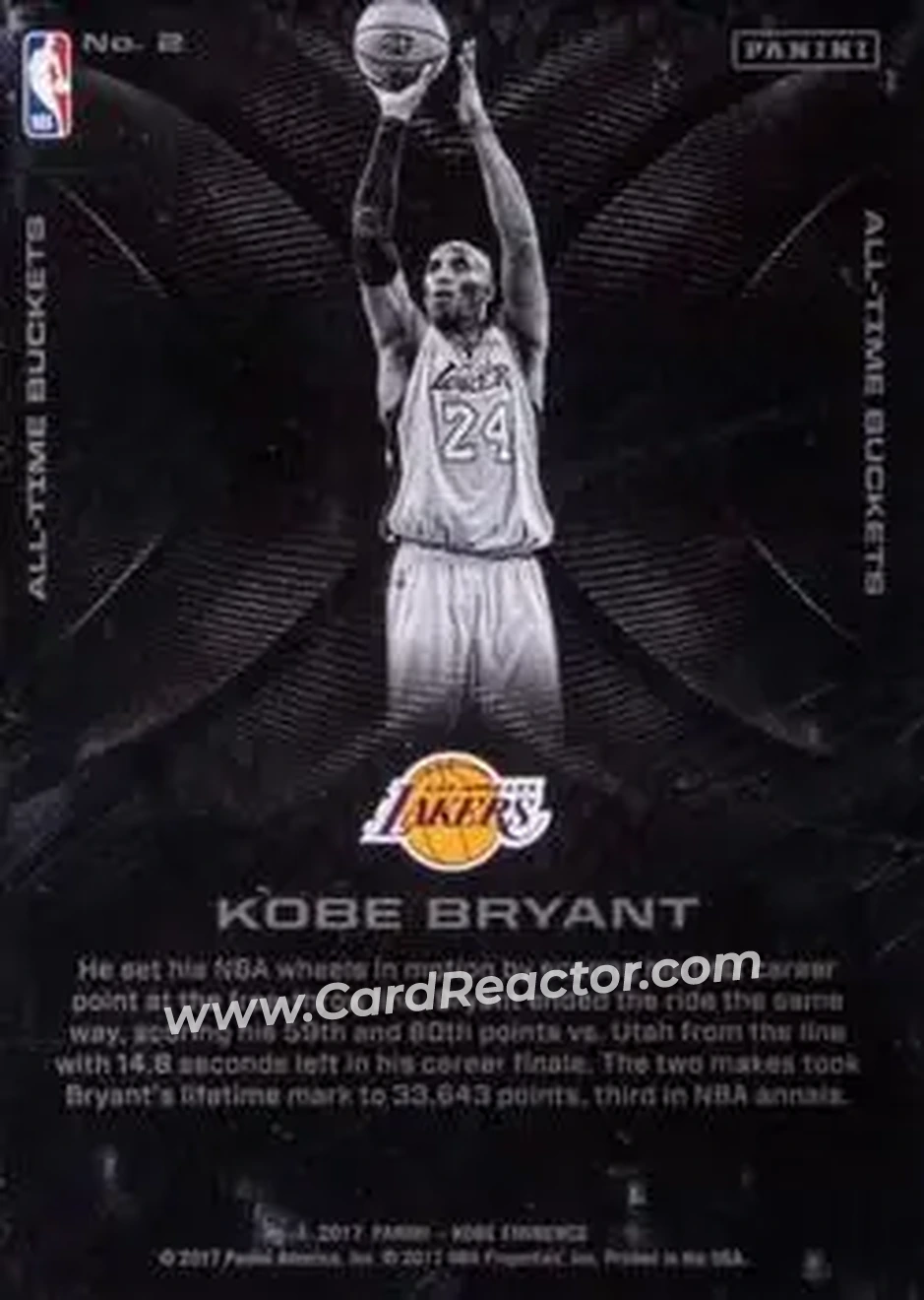 2017-18 Panini Kobe Eminence - All-Time Buckets - Platinum #2 - Kobe Bryant - Los Angeles Lakers - Back 2017-18 Panini Kobe Eminence - All-Time Buckets - Platinum #2 - Kobe Bryant - Los Angeles Lakers - Back