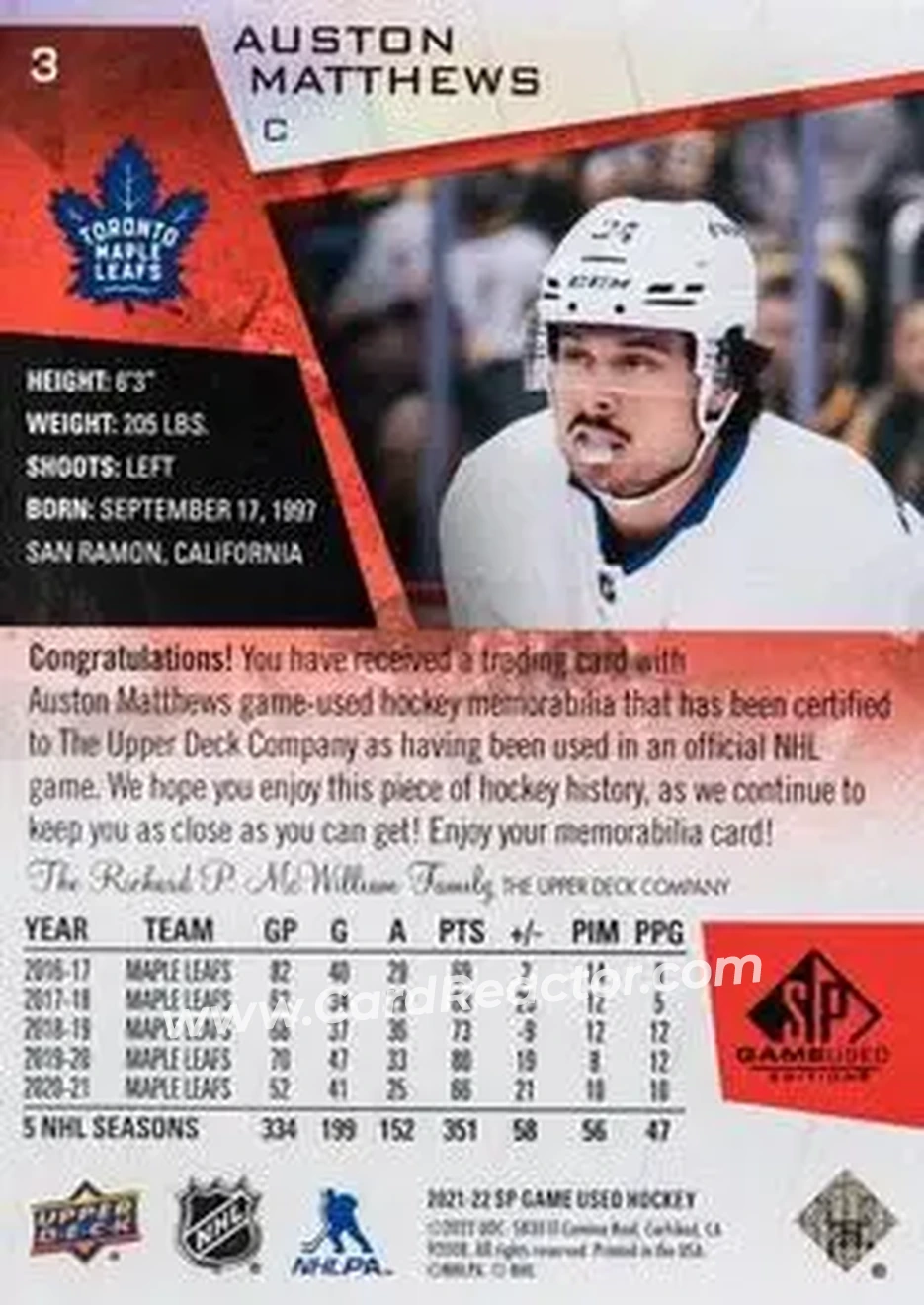 2021-22 SP Game Used - Red Jersey #3 - Auston Matthews - Toronto Maple Leafs - Back