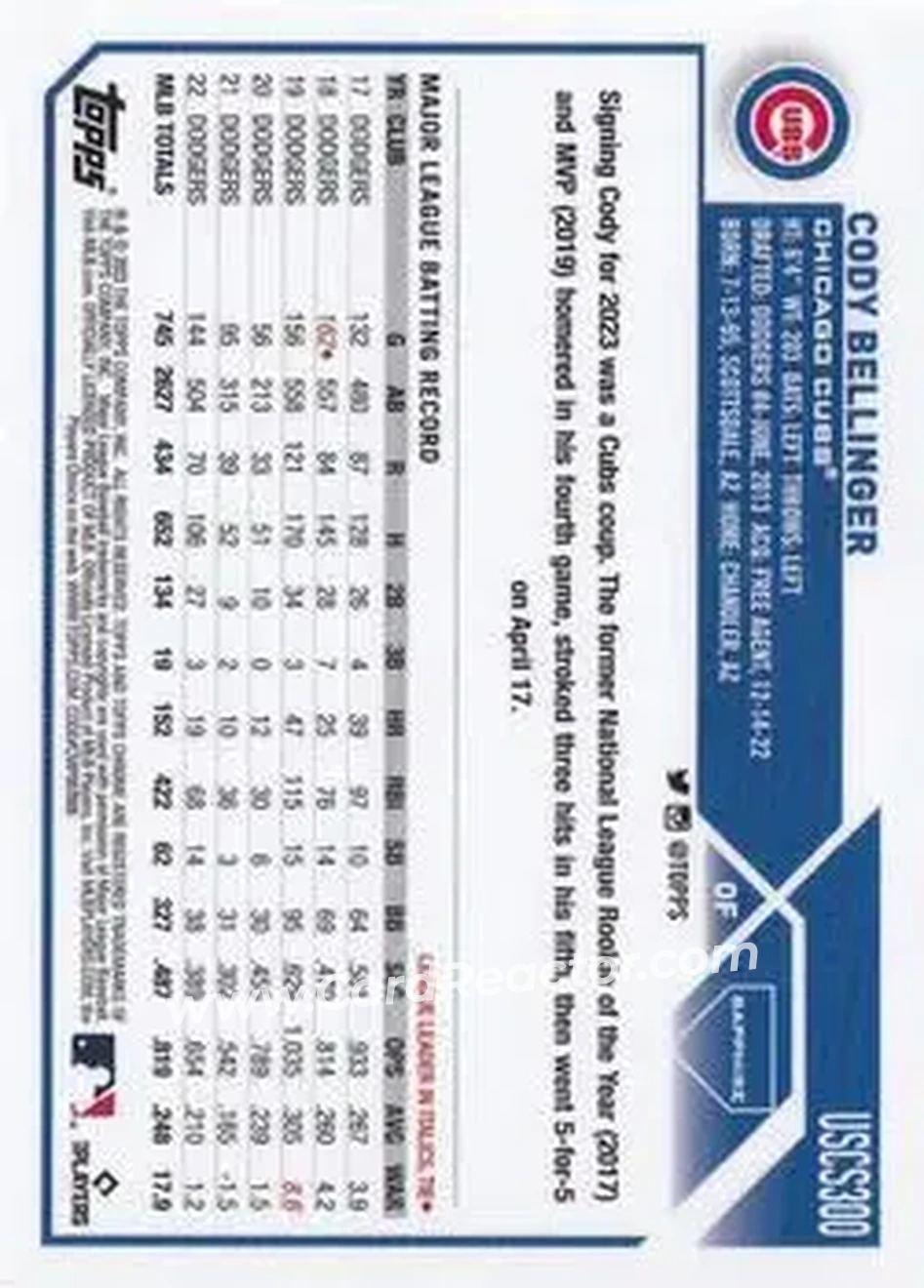 2023 Topps Chrome Update Sapphire Edition - Orange #USCS300 - Cody Bellinger - Chicago Cubs - Back