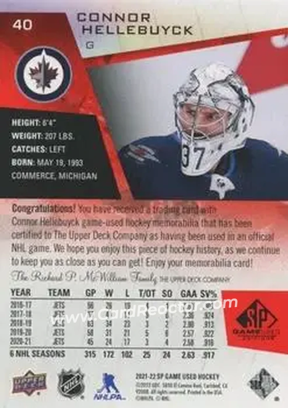 2021-22 SP Game Used - Red Jersey #40 - Connor Hellebuyck - Winnipeg Jets - Back 2021-22 SP Game Used - Red Jersey #40 - Connor Hellebuyck - Winnipeg Jets - Back