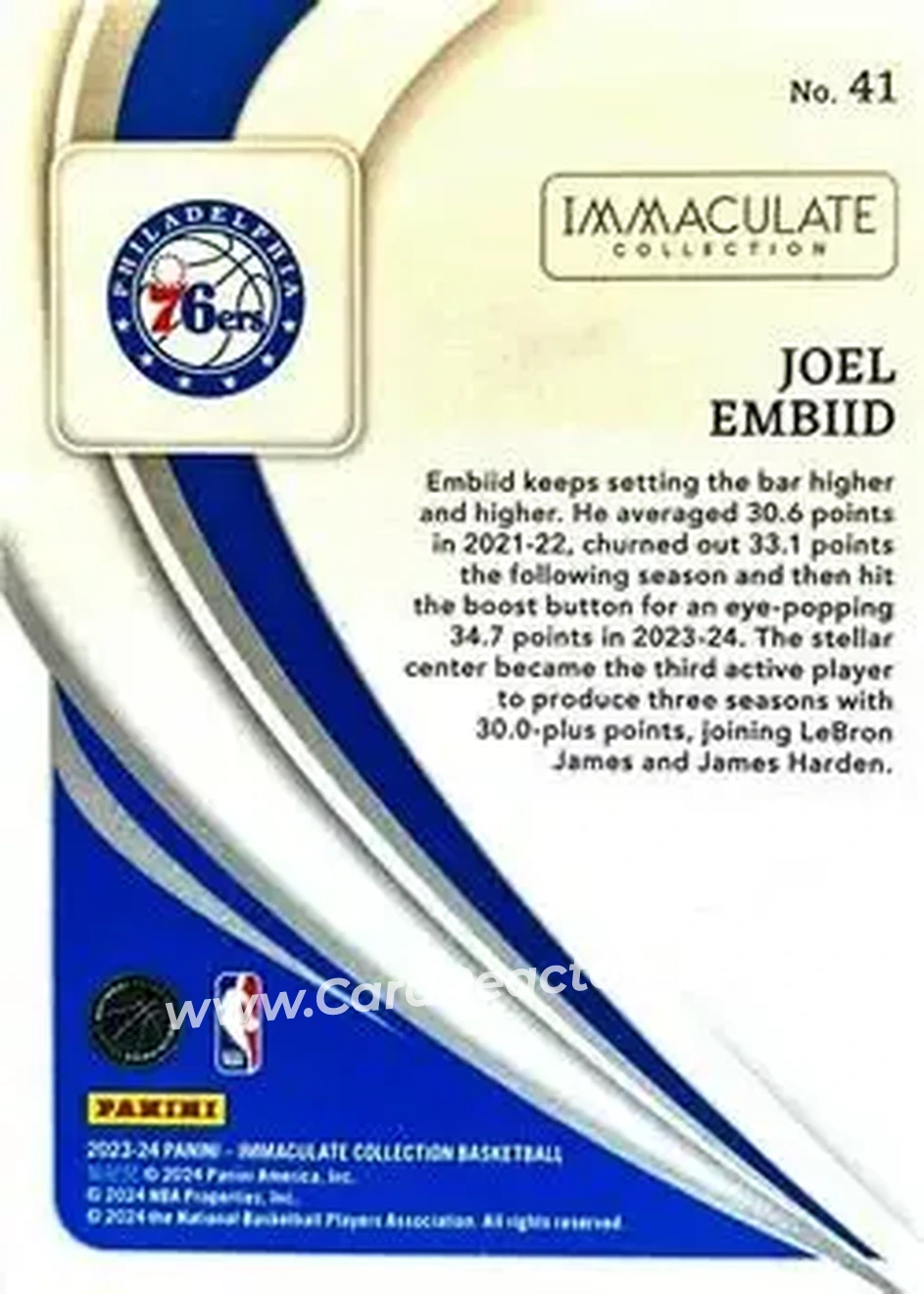 2023-24 Panini Immaculate Collection - Green #41 - Joel Embiid - Philadelphia 76ers - Back