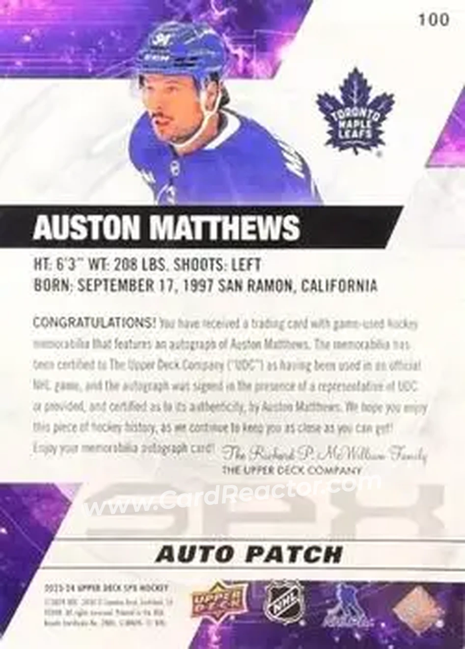 2023-24 SPx - Autographs Patch #100 - Auston Matthews - Toronto Maple Leafs - Back 2023-24 SPx - Autographs Patch #100 - Auston Matthews - Toronto Maple Leafs - Back