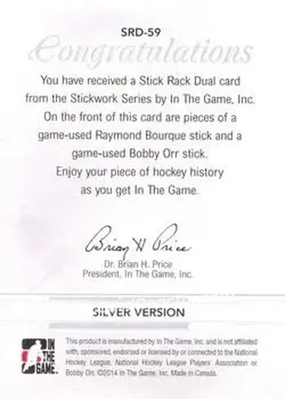 2013-14 In The Game StickWork - Stickrack Dual Silver #SRD-59 - Raymond Bourque - Bobby Orr MEM, PR14 - Boston Bruins - Boston Bruins - Back