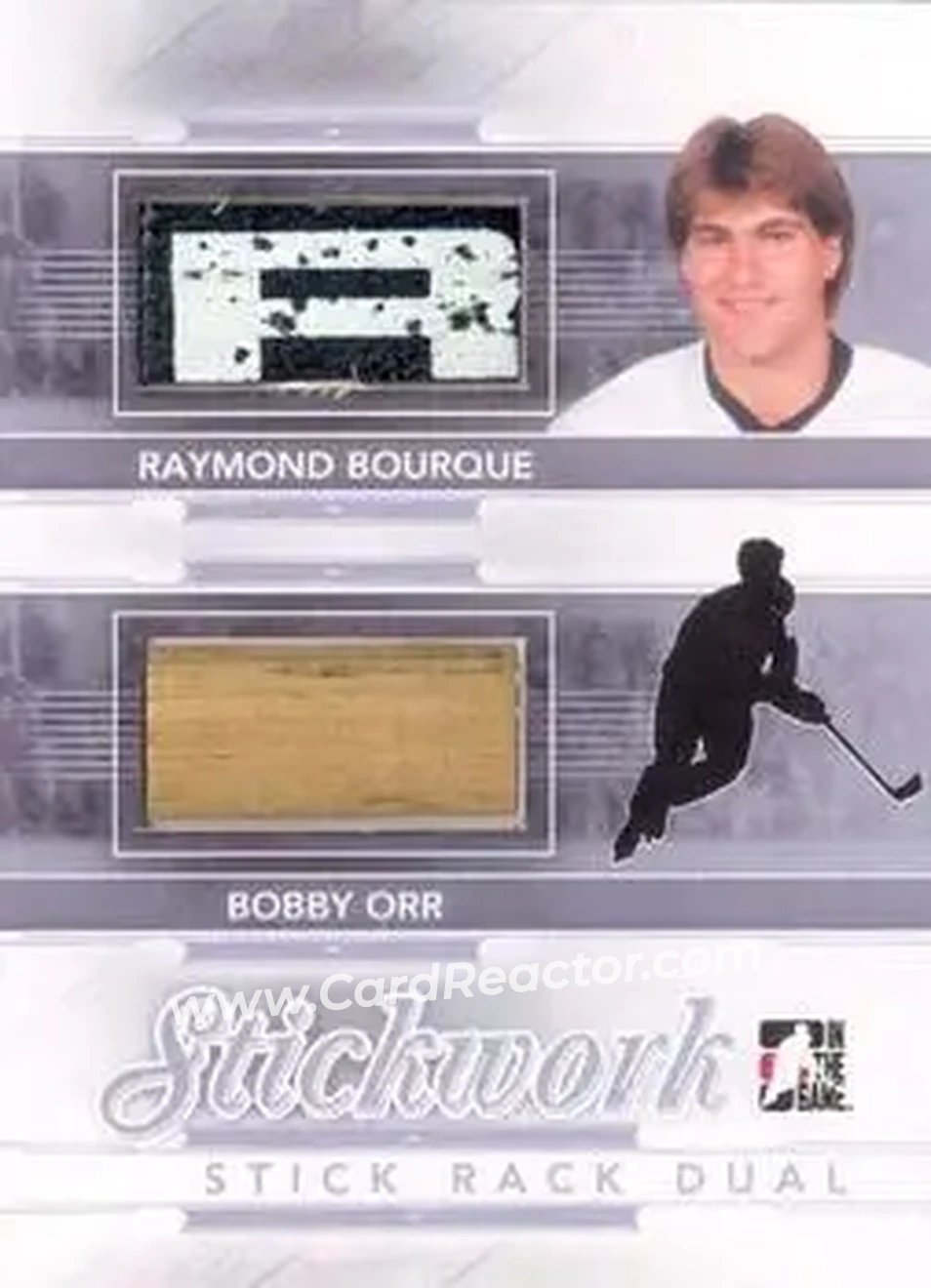 2013-14 In The Game StickWork - Stickrack Dual Silver #SRD-59 - Raymond Bourque - Bobby Orr MEM, PR14 - Boston Bruins - Boston Bruins - Front