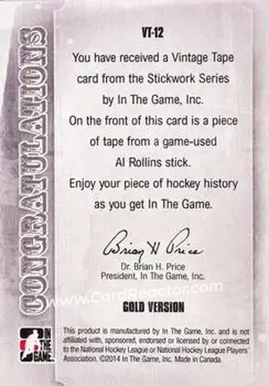2013-14 In The Game StickWork - Vintage Tape Gold #VT-12 - Al Rollins - Back
