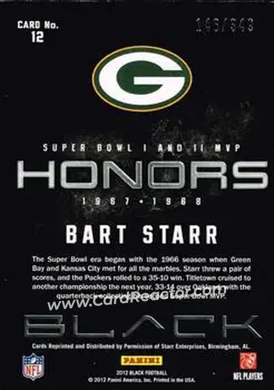 2012 Panini Black - Honors #12 - Bart Starr - Green Bay Packers - Back