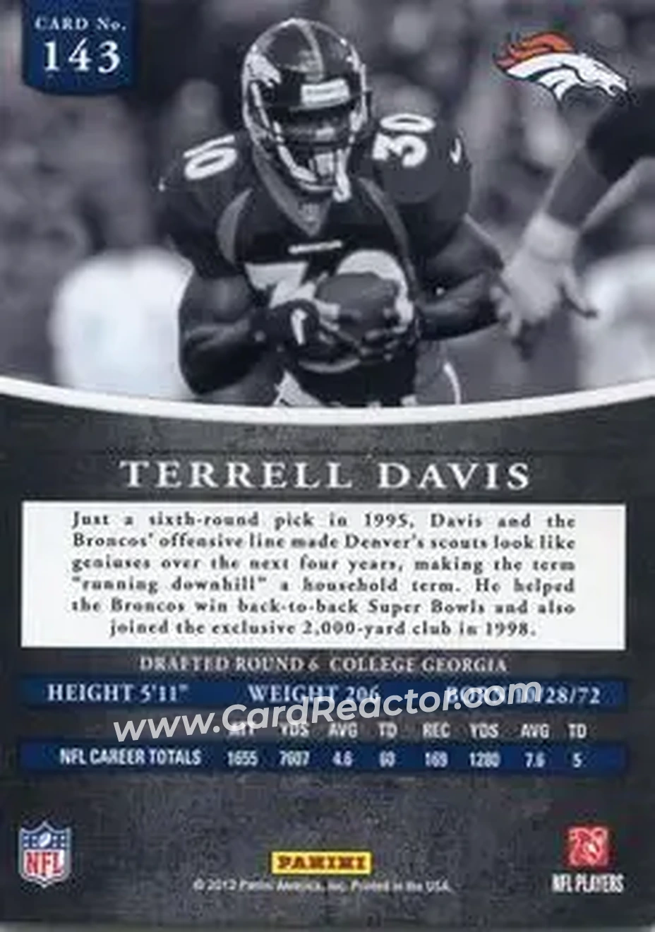 2012 Panini Prominence - Gold #143 - Terrell Davis - Denver Broncos - Back 2012 Panini Prominence - Gold #143 - Terrell Davis - Denver Broncos - Back