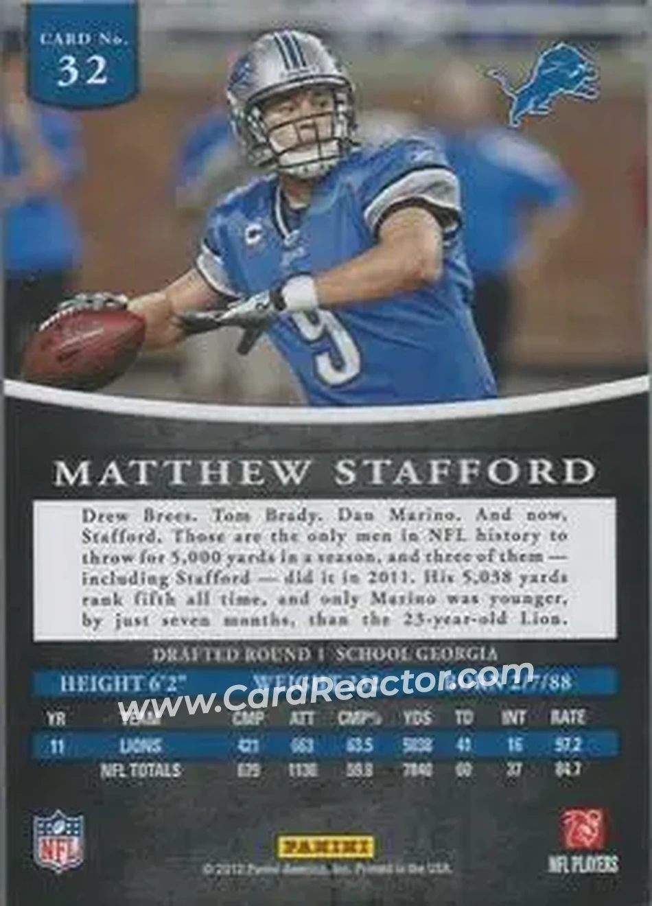 2012 Panini Prominence - Silver #32 - Matthew Stafford - Detroit Lions - Back 2012 Panini Prominence - Silver #32 - Matthew Stafford - Detroit Lions - Back