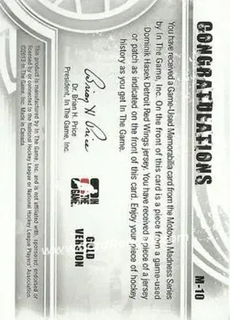 2012-13 In The Game Motown Madness - Game Used Jersey Gold #M-10 - Dominik Hasek - Detroit Red Wings - Back 2012-13 In The Game Motown Madness - Game Used Jersey Gold #M-10 - Dominik Hasek - Detroit Red Wings - Back