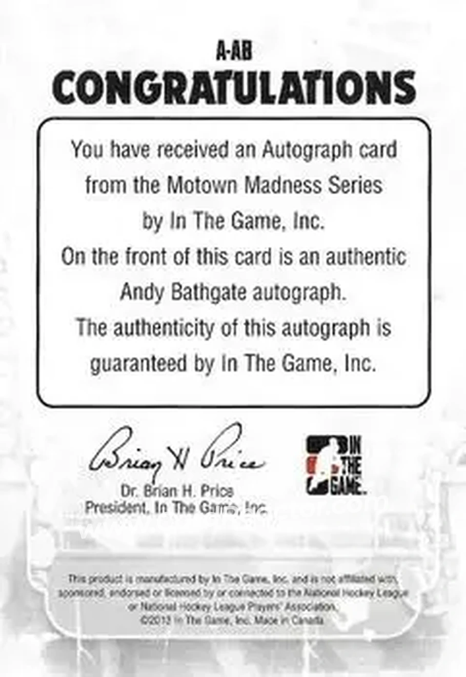 2012-13 In The Game Motown Madness - Autographs #A-AB - Andy Bathgate - Detroit Red Wings - Back 2012-13 In The Game Motown Madness - Autographs #A-AB - Andy Bathgate - Detroit Red Wings - Back