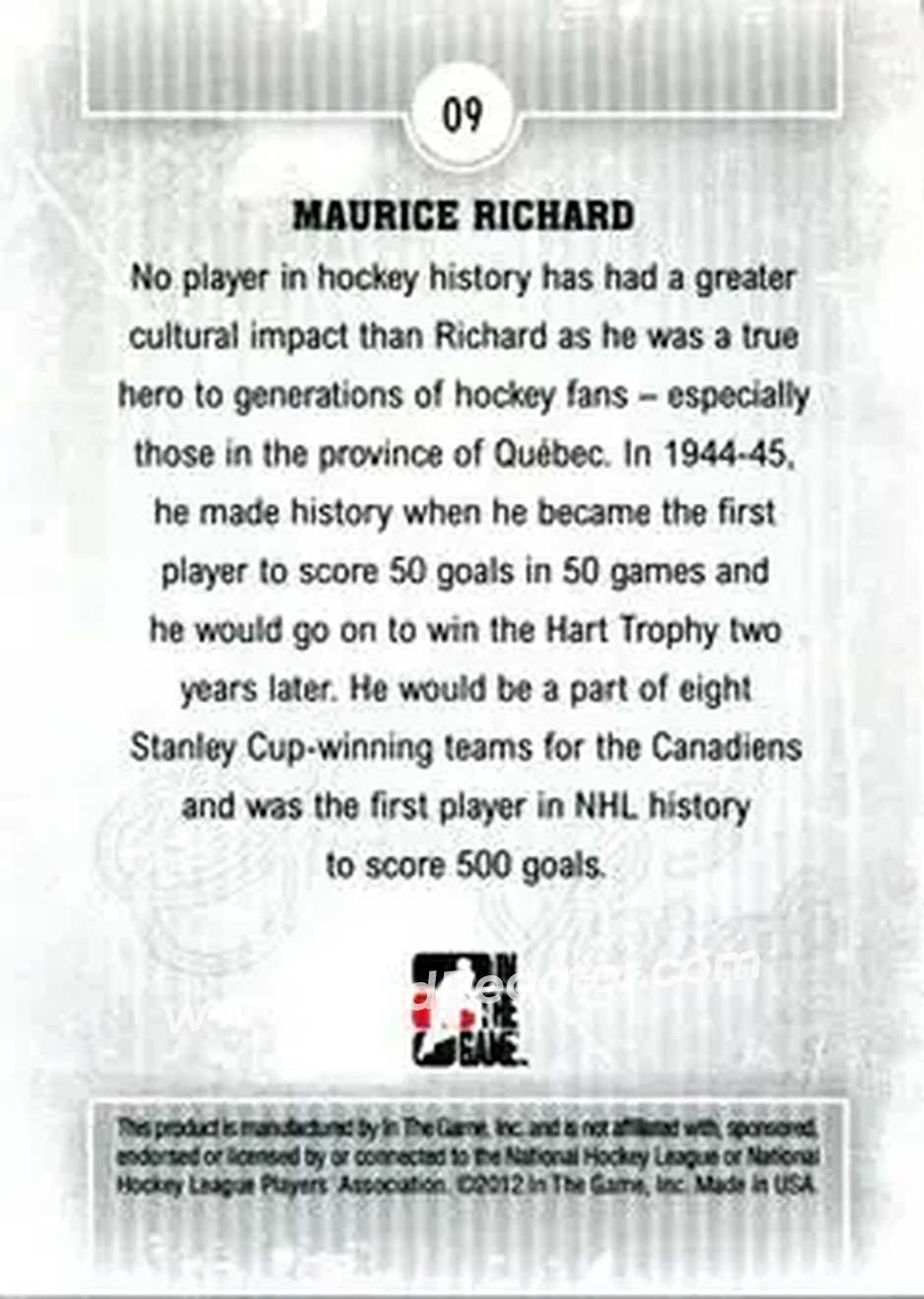 2012-13 In The Game Forever Rivals - Gold #9 - Maurice Richard - Montreal Canadiens - Back