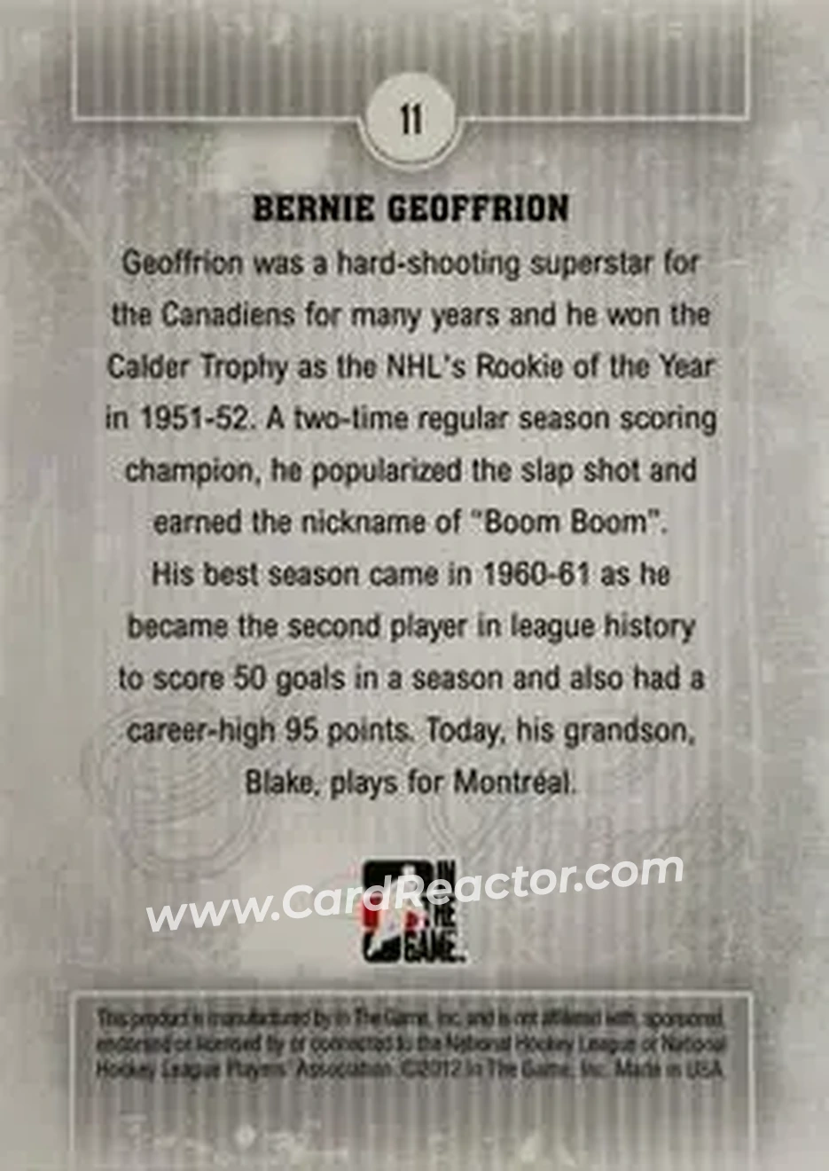 2012-13 In The Game Forever Rivals - Gold #11 - Bernie Geoffrion - Montreal Canadiens - Back 2012-13 In The Game Forever Rivals - Gold #11 - Bernie Geoffrion - Montreal Canadiens - Back