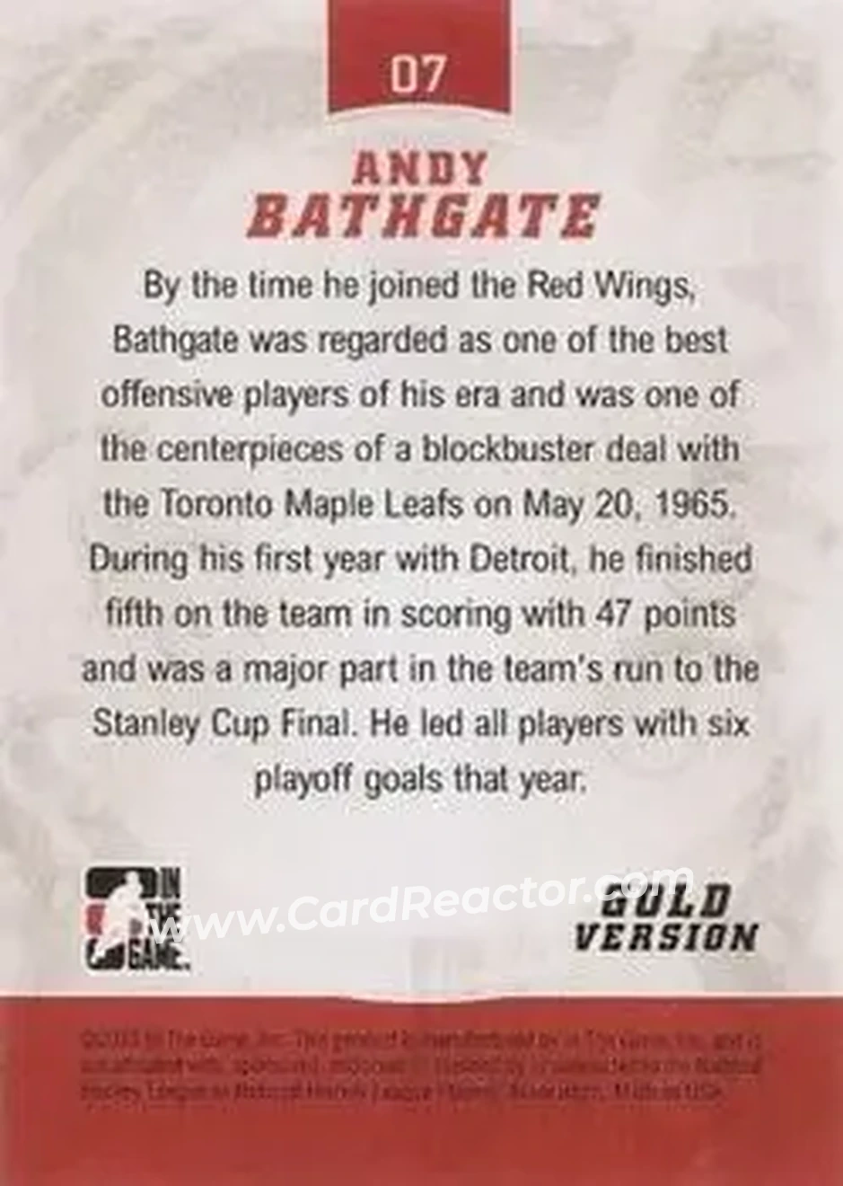 2012-13 In The Game Motown Madness - Gold #7 - Andy Bathgate - Detroit Red Wings - Back 2012-13 In The Game Motown Madness - Gold #7 - Andy Bathgate - Detroit Red Wings - Back