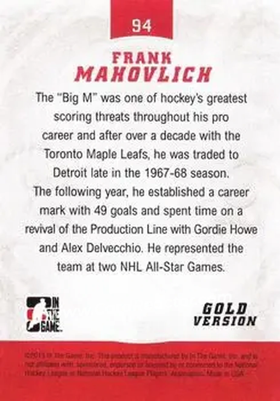 2012-13 In The Game Motown Madness - Gold #94 - Frank Mahovlich - Detroit Red Wings - Back 2012-13 In The Game Motown Madness - Gold #94 - Frank Mahovlich - Detroit Red Wings - Back