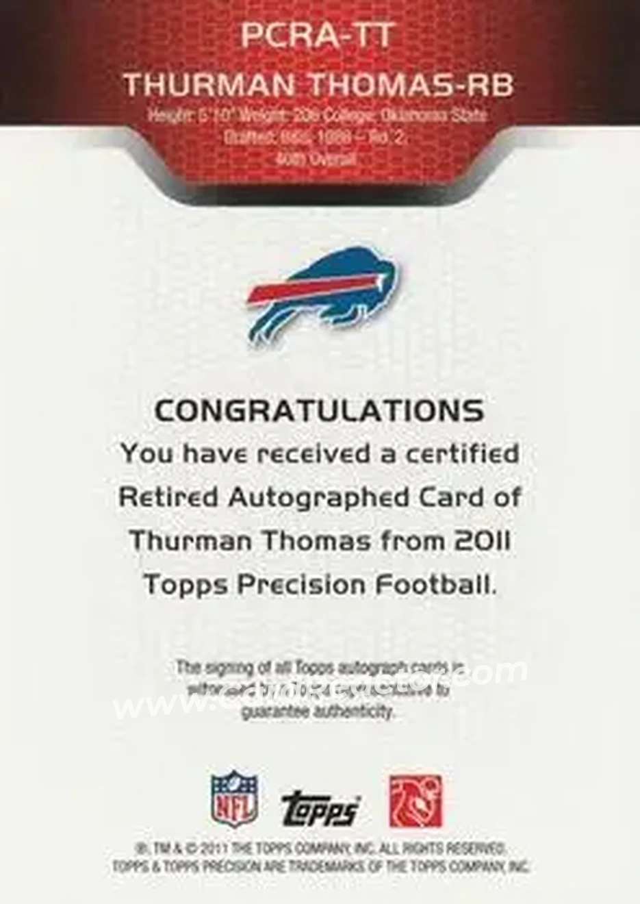 2011 Topps Precision - Autographs #PCRA-TT - Thurman Thomas - Buffalo Bills - Back