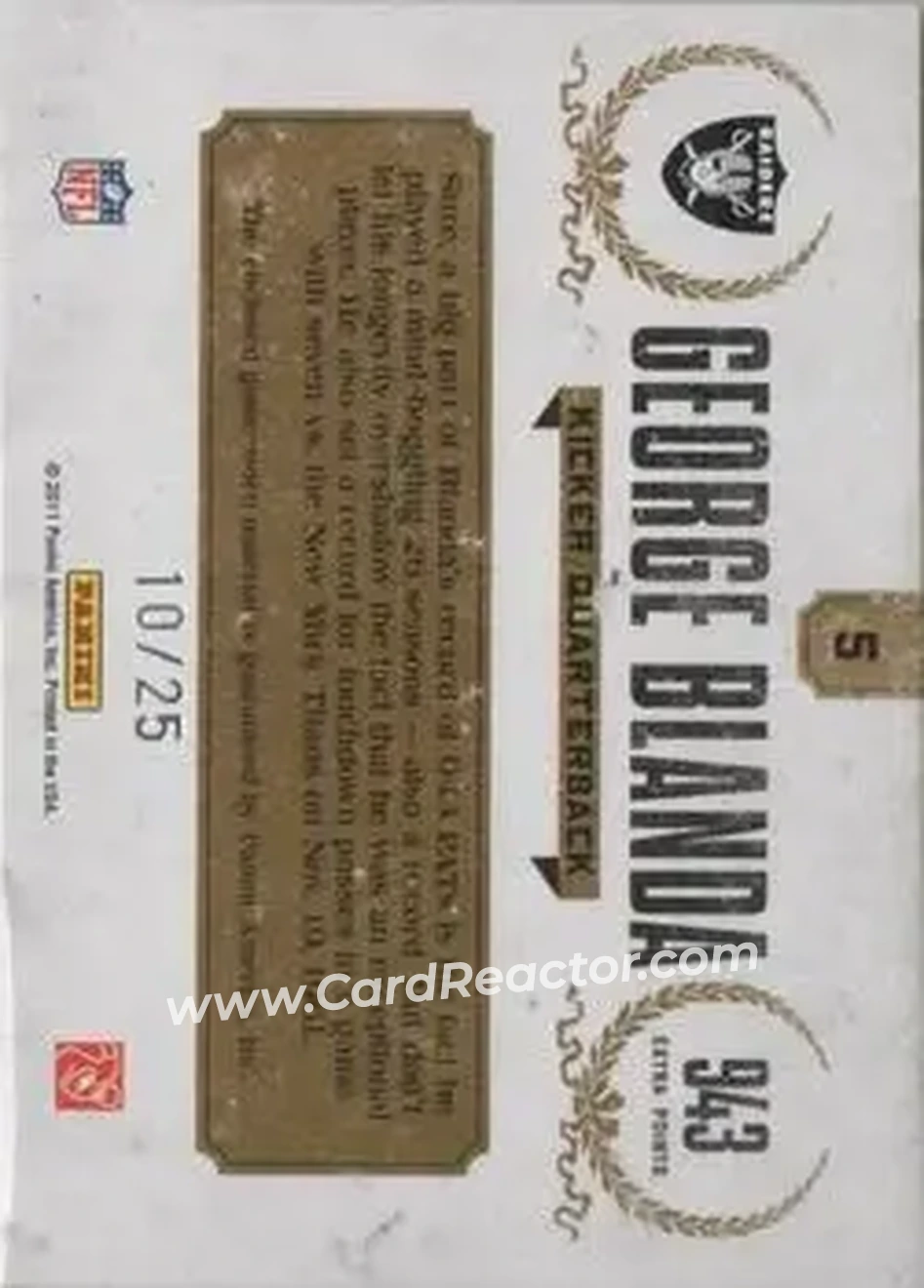 2011 Panini Timeless Treasures - All-Time Leaders Materials #5 - George Blanda - Oakland Raiders - Back 2011 Panini Timeless Treasures - All-Time Leaders Materials #5 - George Blanda - Oakland Raiders - Back