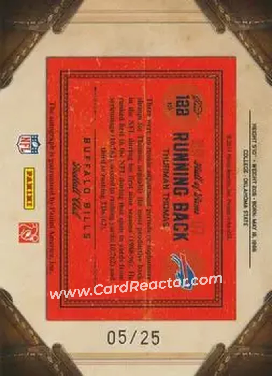 2011 Panini Timeless Treasures - Autographs Gold #122 - Thurman Thomas - Buffalo Bills - Back 2011 Panini Timeless Treasures - Autographs Gold #122 - Thurman Thomas - Buffalo Bills - Back