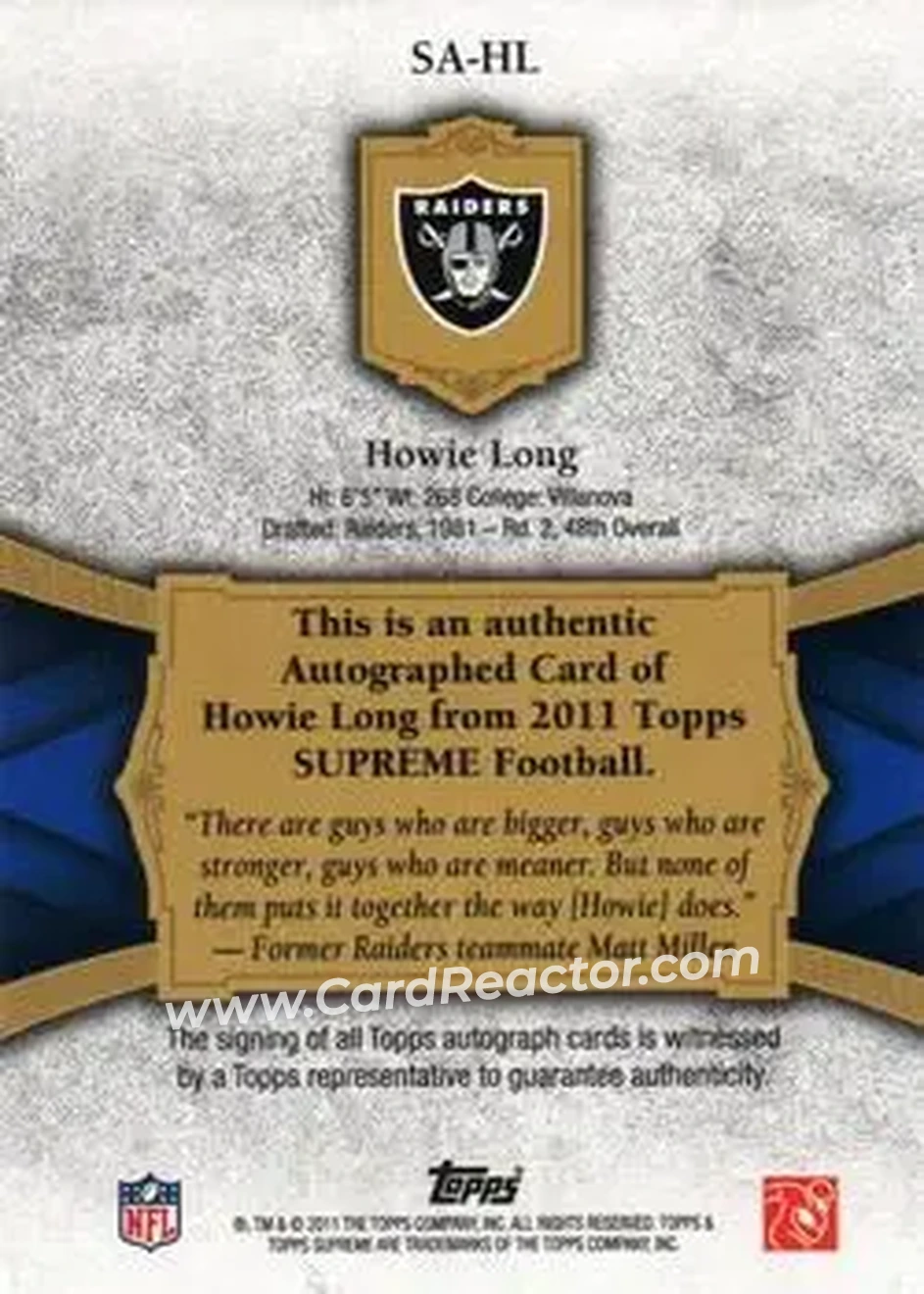 2011 Topps Supreme - Autographs #SA-HL - Howie Long - Los Angeles Raiders - Back