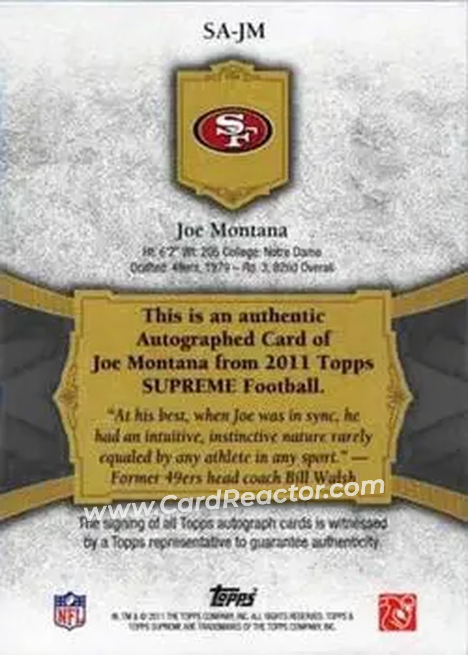 2011 Topps Supreme - Autographs Platinum #SA-JM - Joe Montana - San Francisco 49ers - Back 2011 Topps Supreme - Autographs Platinum #SA-JM - Joe Montana - San Francisco 49ers - Back