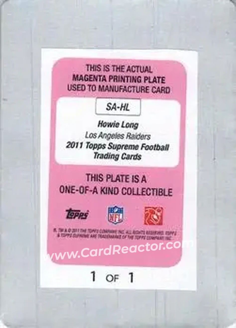 2011 Topps Supreme - Autographs Printing Plates Magenta #SA-HL - Howie Long - Los Angeles Raiders - Back