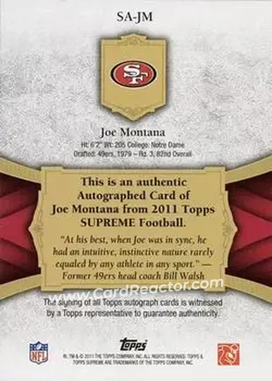 2011 Topps Supreme - Autographs Red #SA-JM - Joe Montana - San Francisco 49ers - Back 2011 Topps Supreme - Autographs Red #SA-JM - Joe Montana - San Francisco 49ers - Back