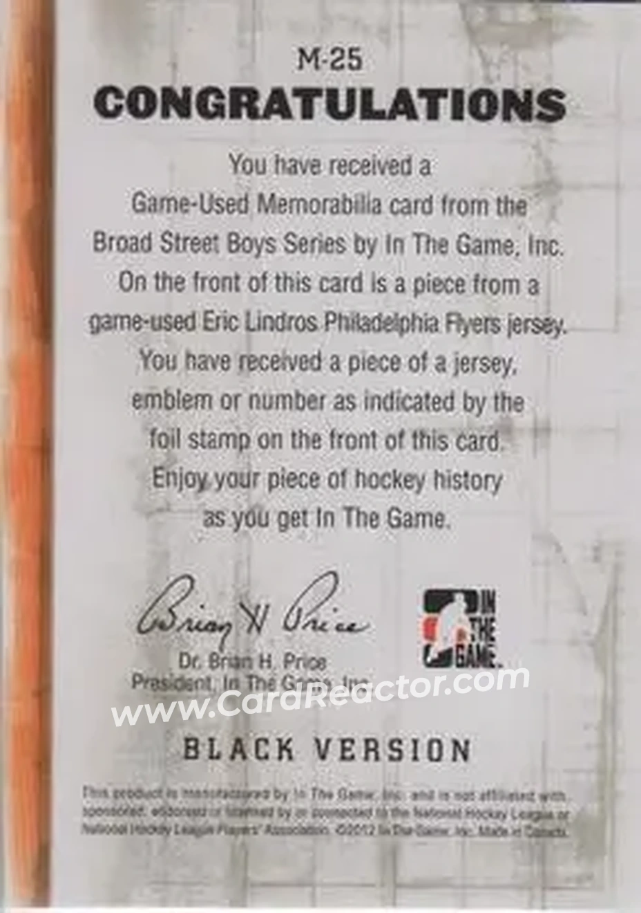 2011-12 In The Game Broad Street Boys - Game-Used Jerseys Black #M-25 - Eric Lindros - Philadelphia Flyers - Back
