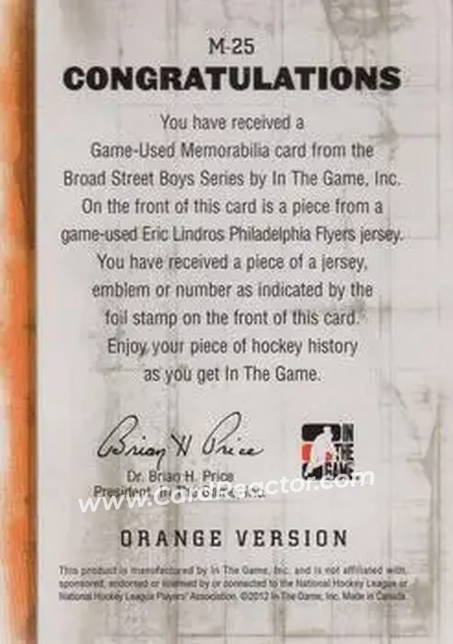 2011-12 In The Game Broad Street Boys - Game-Used Jerseys Orange #M-25 - Eric Lindros - Philadelphia Flyers - Back 2011-12 In The Game Broad Street Boys - Game-Used Jerseys Orange #M-25 - Eric Lindros - Philadelphia Flyers - Back