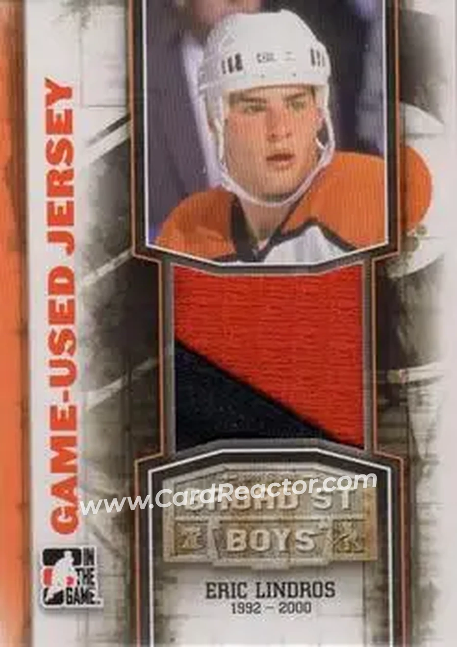 2011-12 In The Game Broad Street Boys - Game-Used Jerseys Orange #M-25 - Eric Lindros - Philadelphia Flyers - Front 2011-12 In The Game Broad Street Boys - Game-Used Jerseys Orange #M-25 - Eric Lindros - Philadelphia Flyers - Front