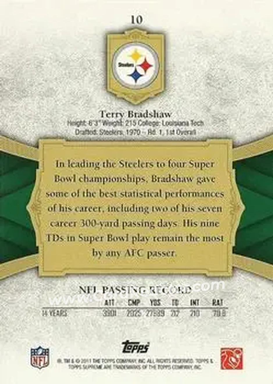 2011 Topps Supreme - Green #10 - Terry Bradshaw - Pittsburgh Steelers - Back 2011 Topps Supreme - Green #10 - Terry Bradshaw - Pittsburgh Steelers - Back