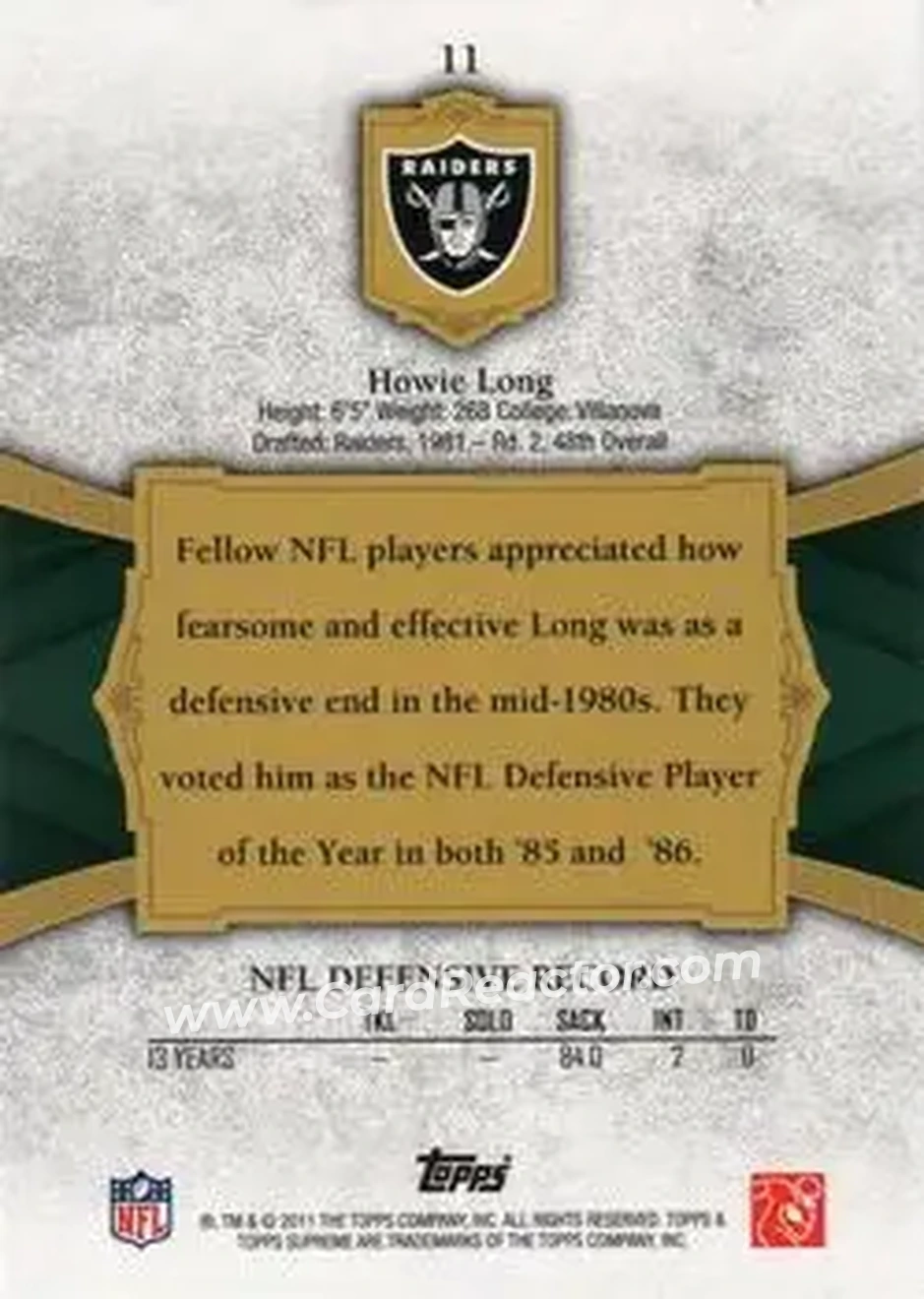 2011 Topps Supreme - Green #11 - Howie Long - Los Angeles Raiders - Back 2011 Topps Supreme - Green #11 - Howie Long - Los Angeles Raiders - Back