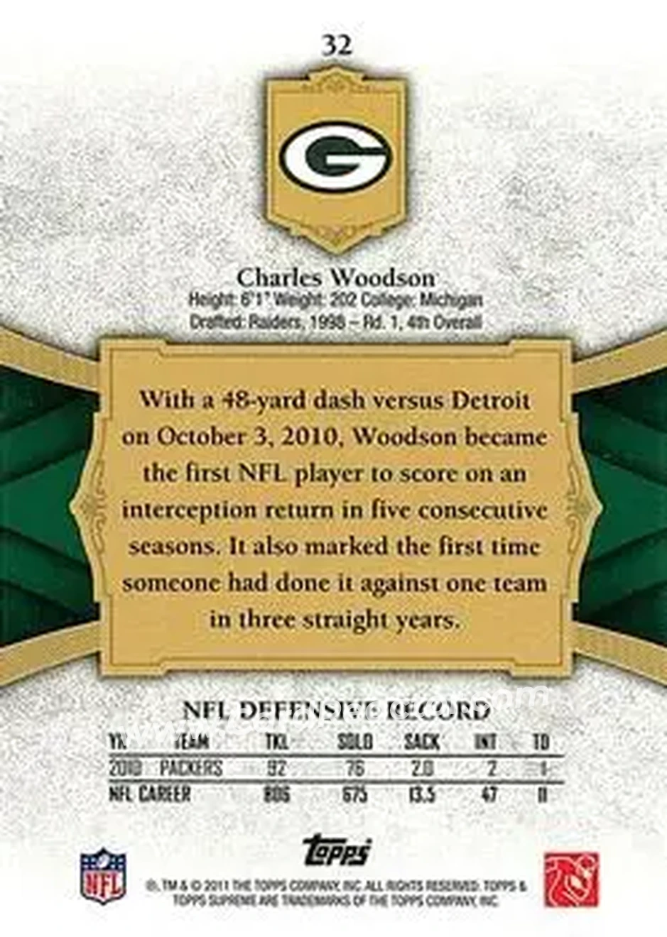 2011 Topps Supreme - Green #32 - Charles Woodson - Green Bay Packers - Back