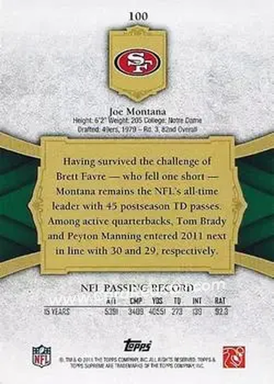 2011 Topps Supreme - Green #100 - Joe Montana - San Francisco 49ers - Back