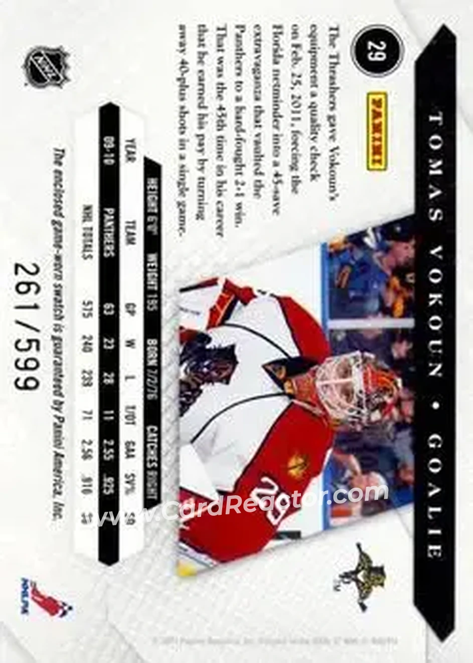 2010-11 Panini Luxury Suite #29 - Tomas Vokoun - Florida Panthers - Back