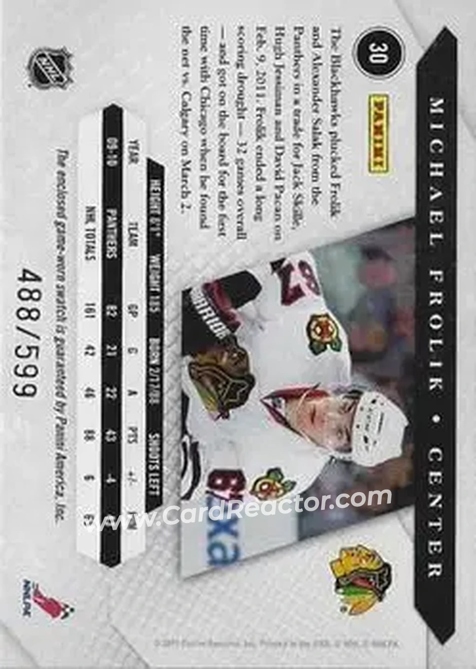 2010-11 Panini Luxury Suite #30 - Michael Frolik - Chicago Blackhawks - Back