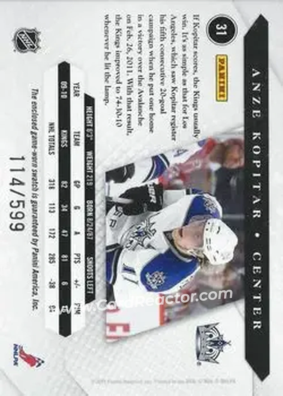 2010-11 Panini Luxury Suite #31 - Anze Kopitar - Los Angeles Kings - Back