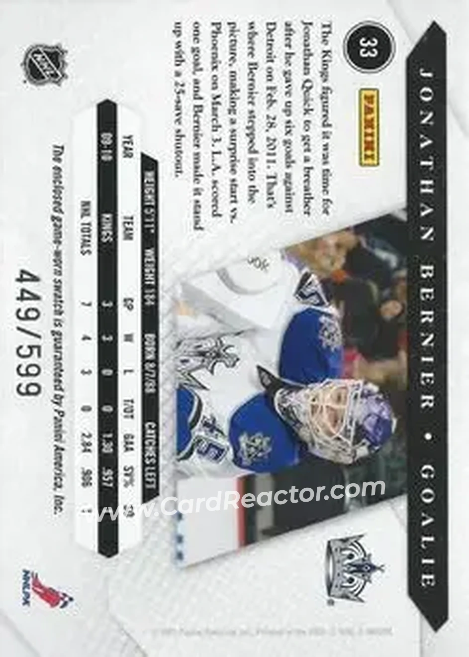 2010-11 Panini Luxury Suite #33 - Jonathan Bernier - Los Angeles Kings - Back