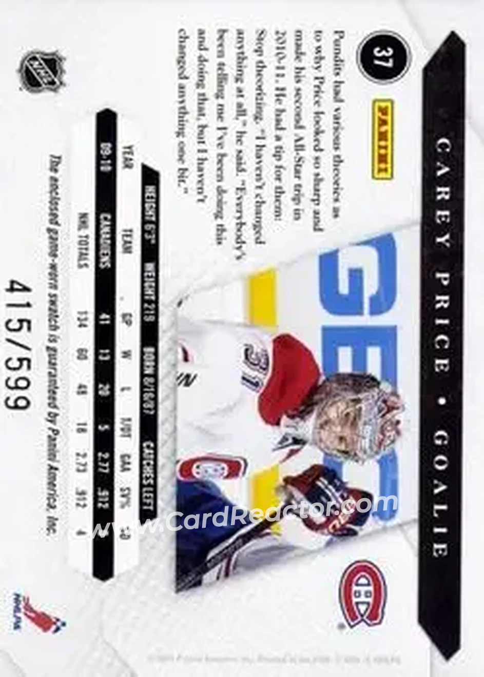2010-11 Panini Luxury Suite #37 - Carey Price - Montreal Canadiens - Back