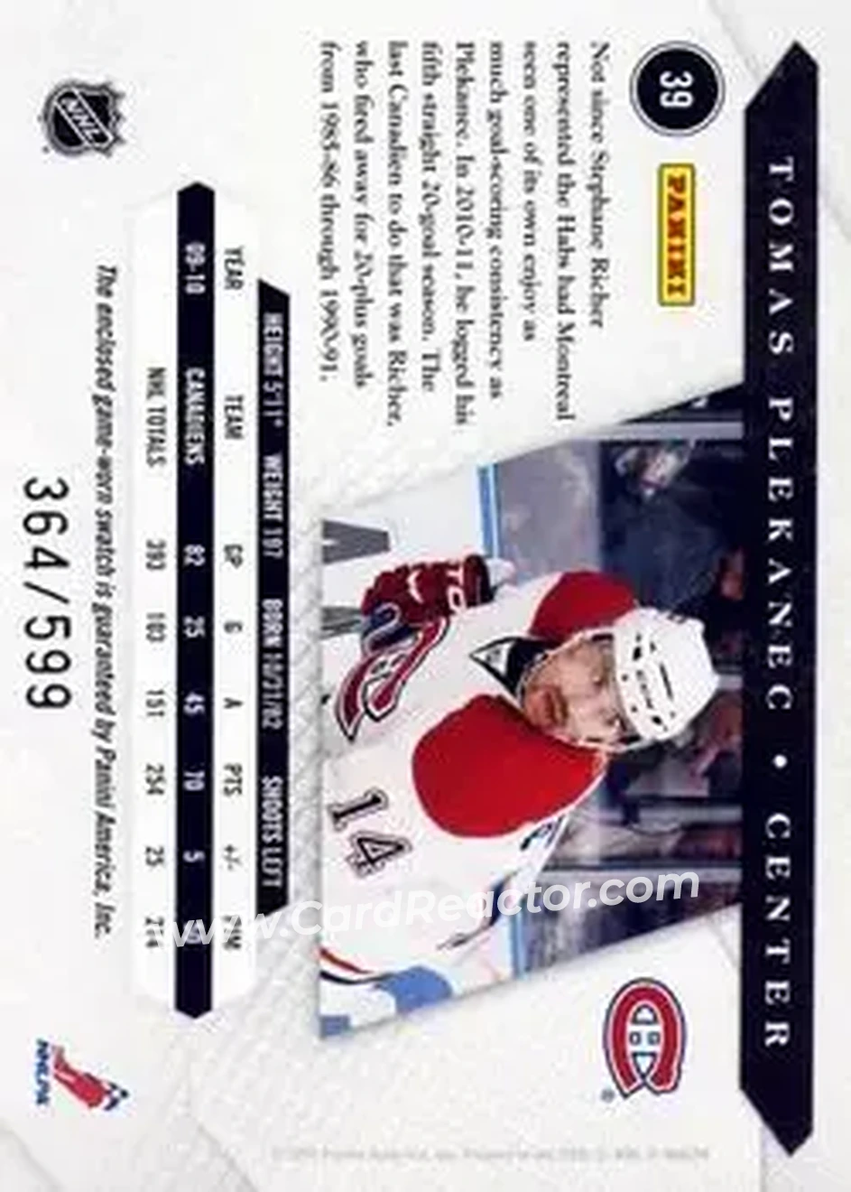 2010-11 Panini Luxury Suite #39 - Tomas Plekanec - Montreal Canadiens - Back