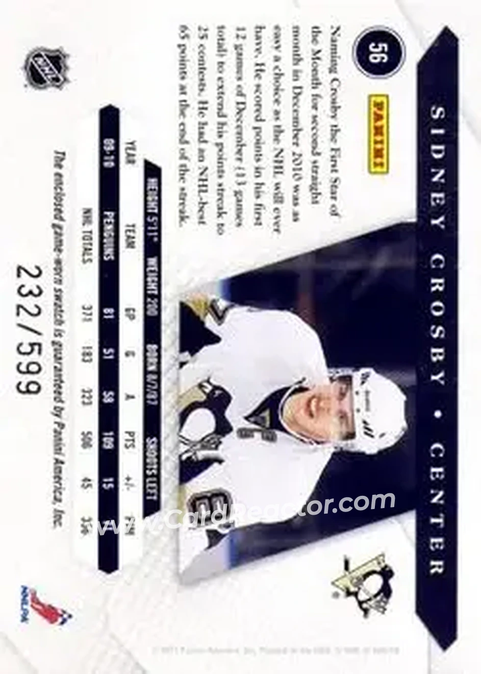 2010-11 Panini Luxury Suite #56 - Sidney Crosby - Pittsburgh Penguins - Back