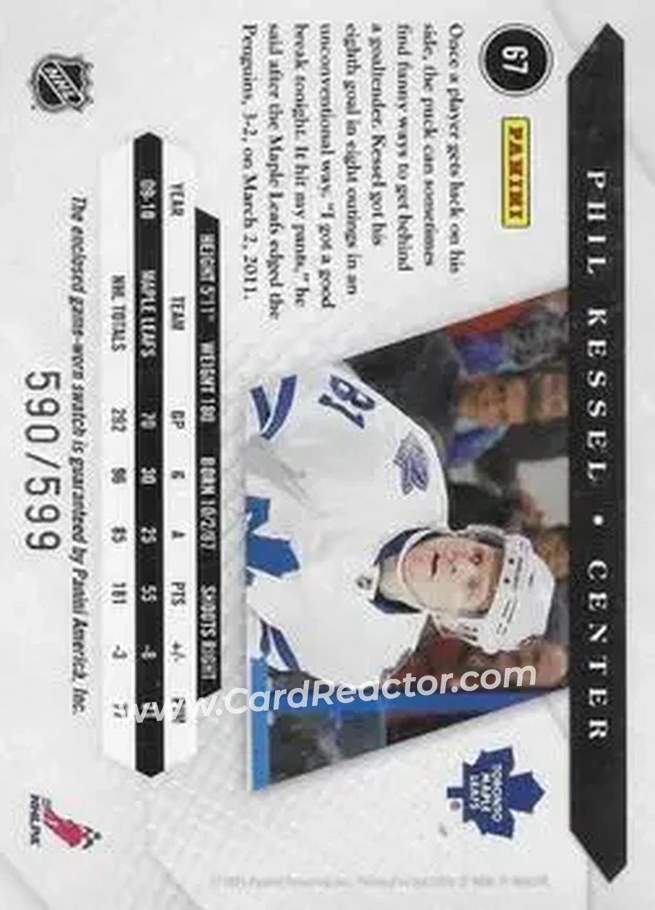 2010-11 Panini Luxury Suite #67 - Phil Kessel - Toronto Maple Leafs - Back