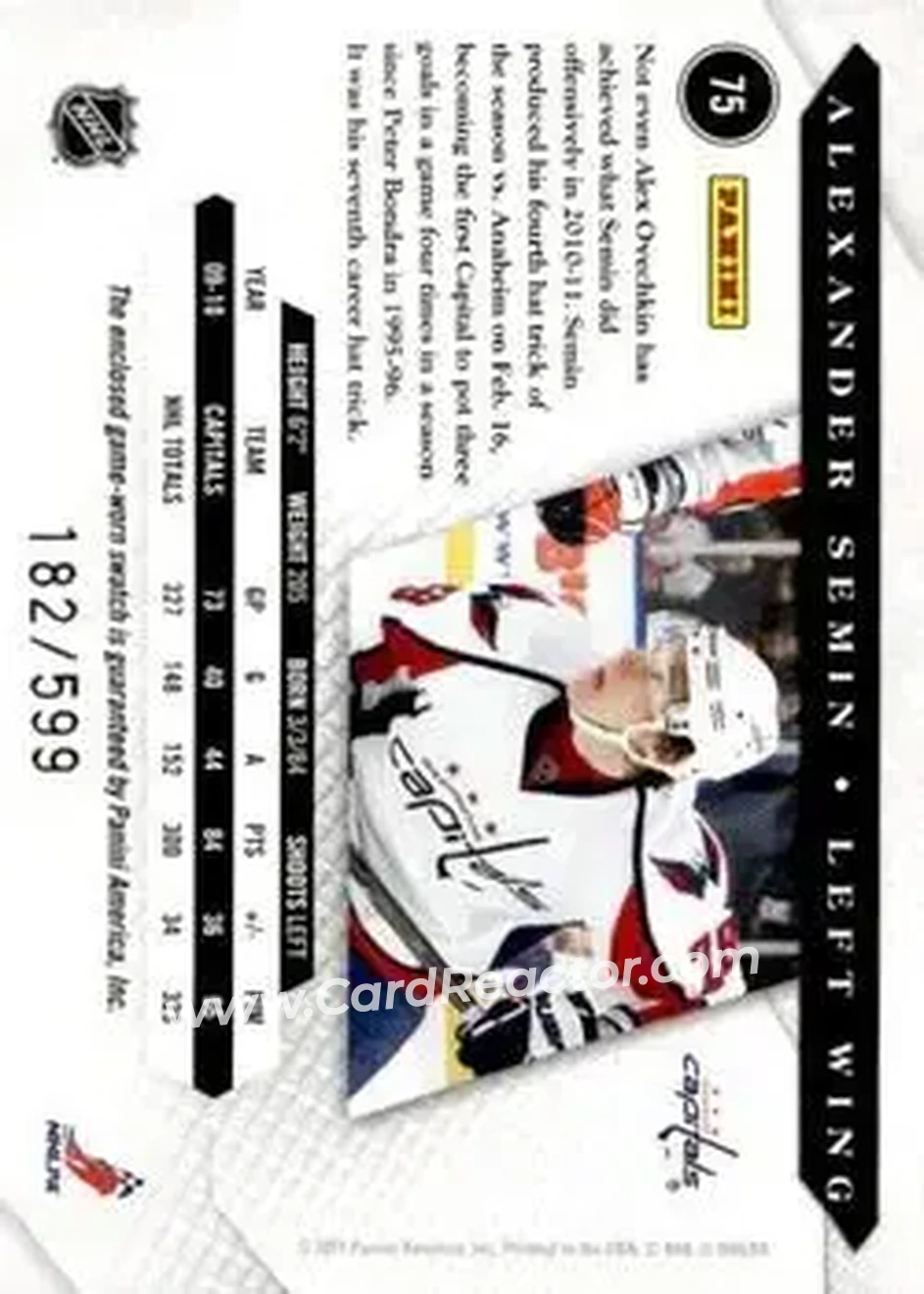 2010-11 Panini Luxury Suite #75 - Alexander Semin - Washington Capitals - Back