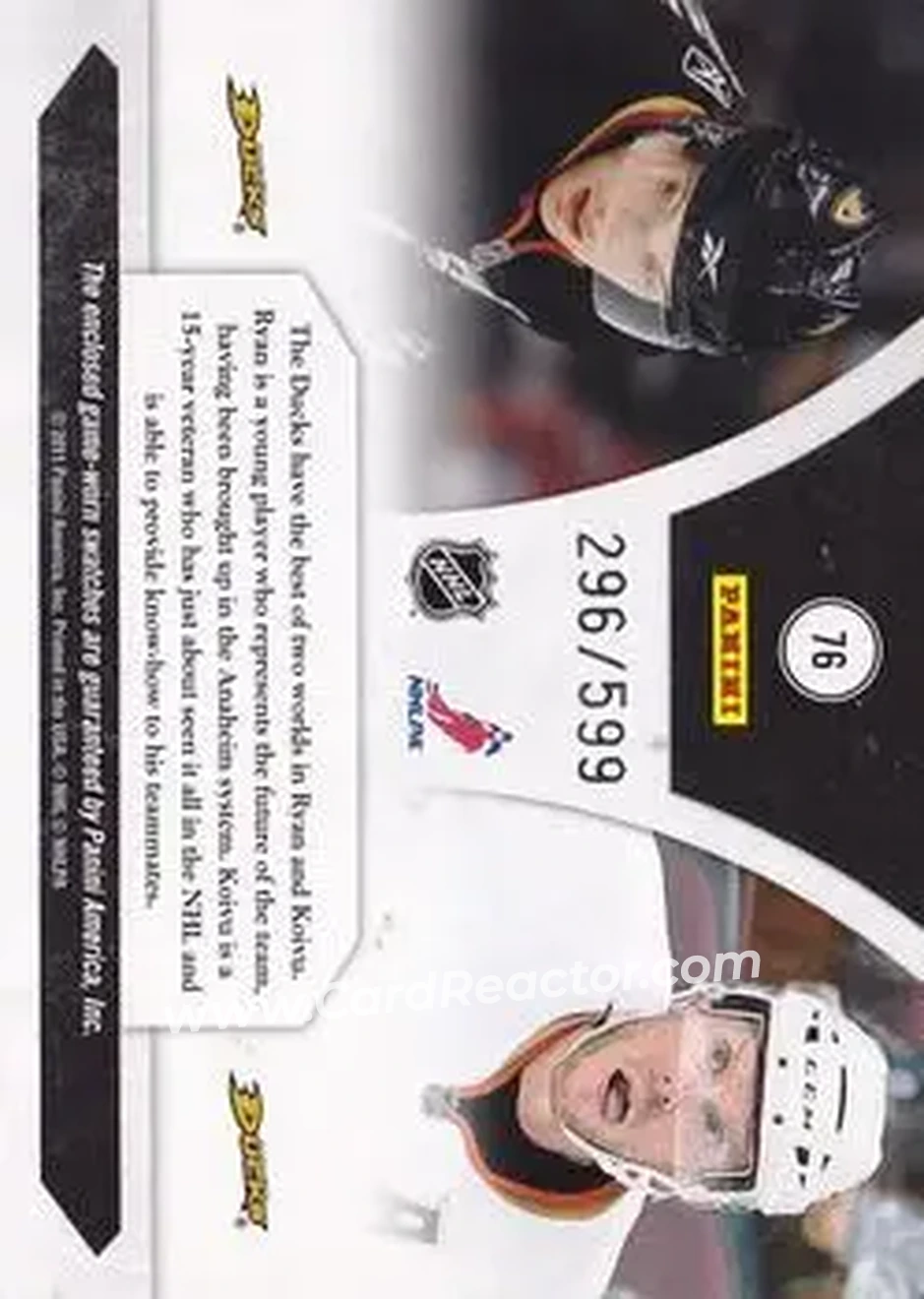 2010-11 Panini Luxury Suite #76 - Saku Koivu - Bobby Ryan MEM, SN599 - Anaheim Ducks - Anaheim Ducks - Back