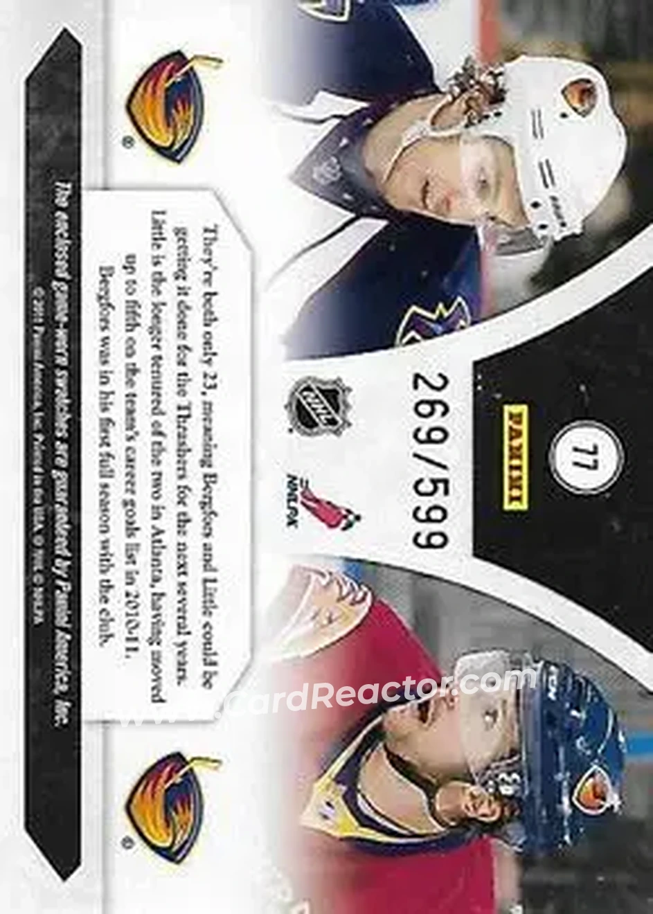 2010-11 Panini Luxury Suite #77 - Nicklas Bergfors - Bryan Little MEM, SN599 - Atlanta Thrashers - Atlanta Thrashers - Back